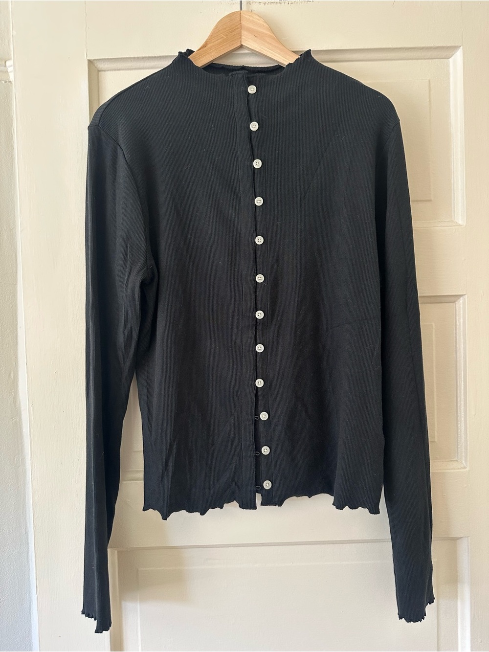 J. Crew black ribbed high neck cardigan with loop buttons size XL